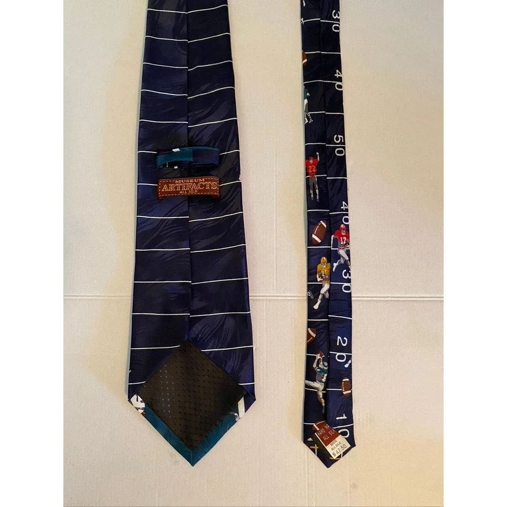 Museum Artifacts Mens Silk Tie Navy Blue Football Field Sports Novelty Print